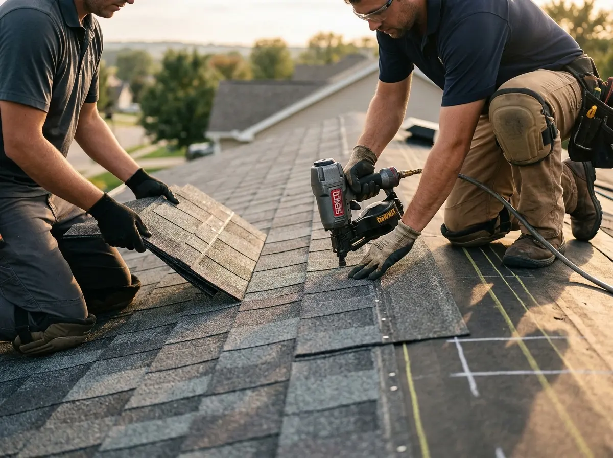Professional roofer working on a residential roof in Hidden Valley